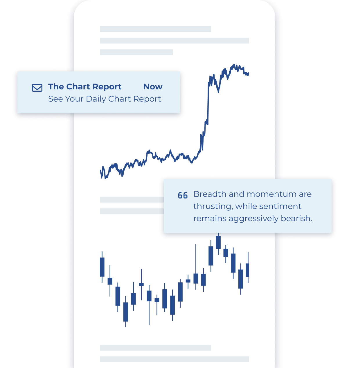 Phone with abstract layout of chart and analysis with alerts popping out of it